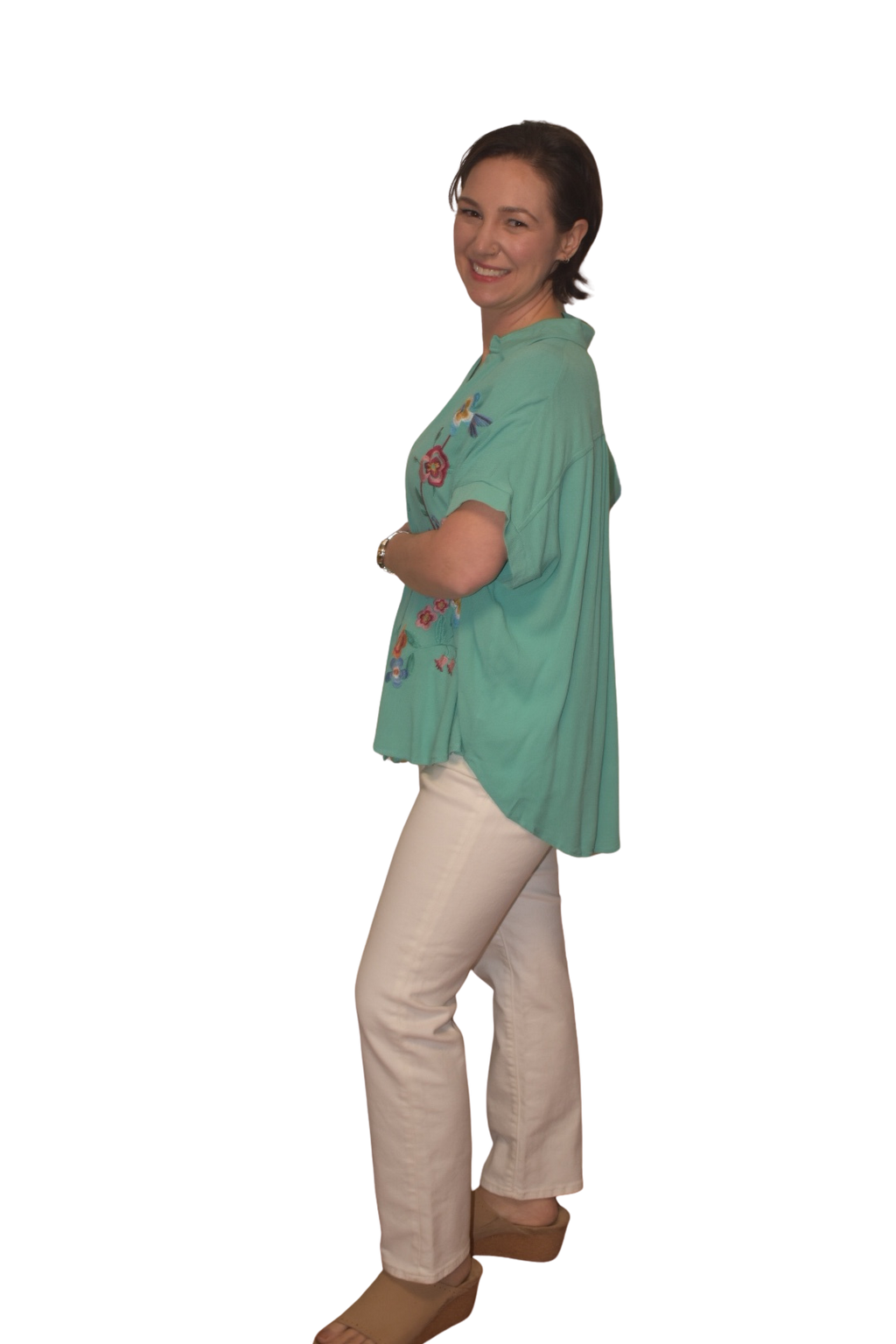 Floral Embroidered Button Down Blouse