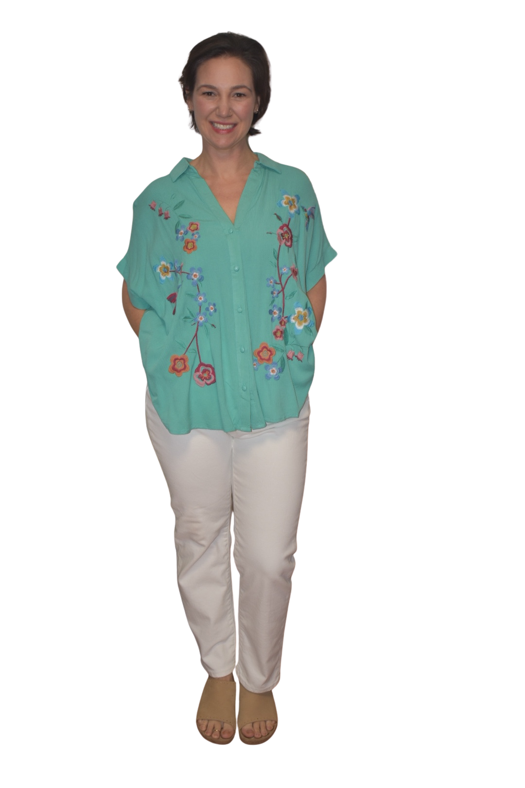 Floral Embroidered Button Down Blouse