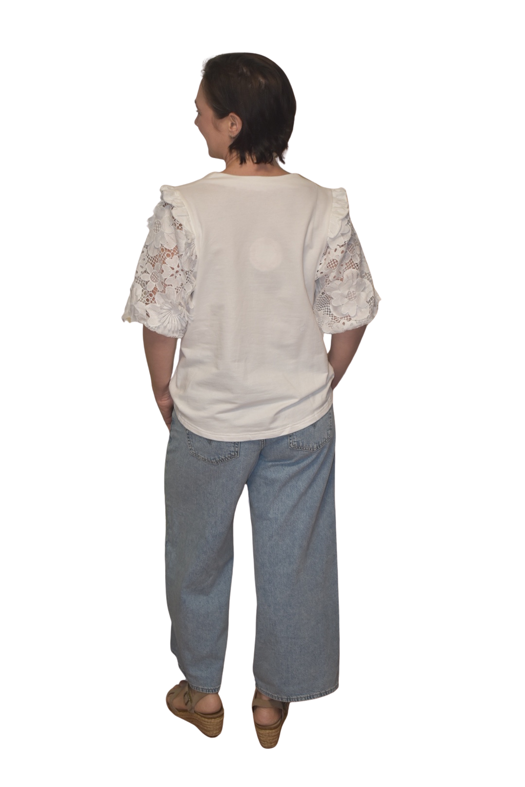 French Terry Boxy Shirt with 3D Floral Lace Short Sleeve