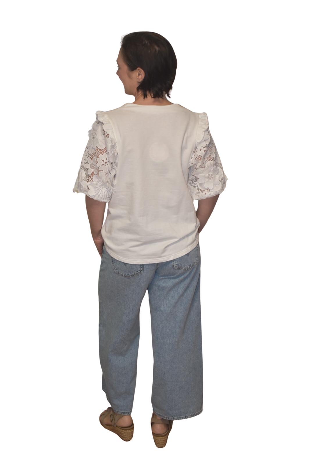 French Terry Boxy Shirt with 3D Floral Lace Short Sleeve