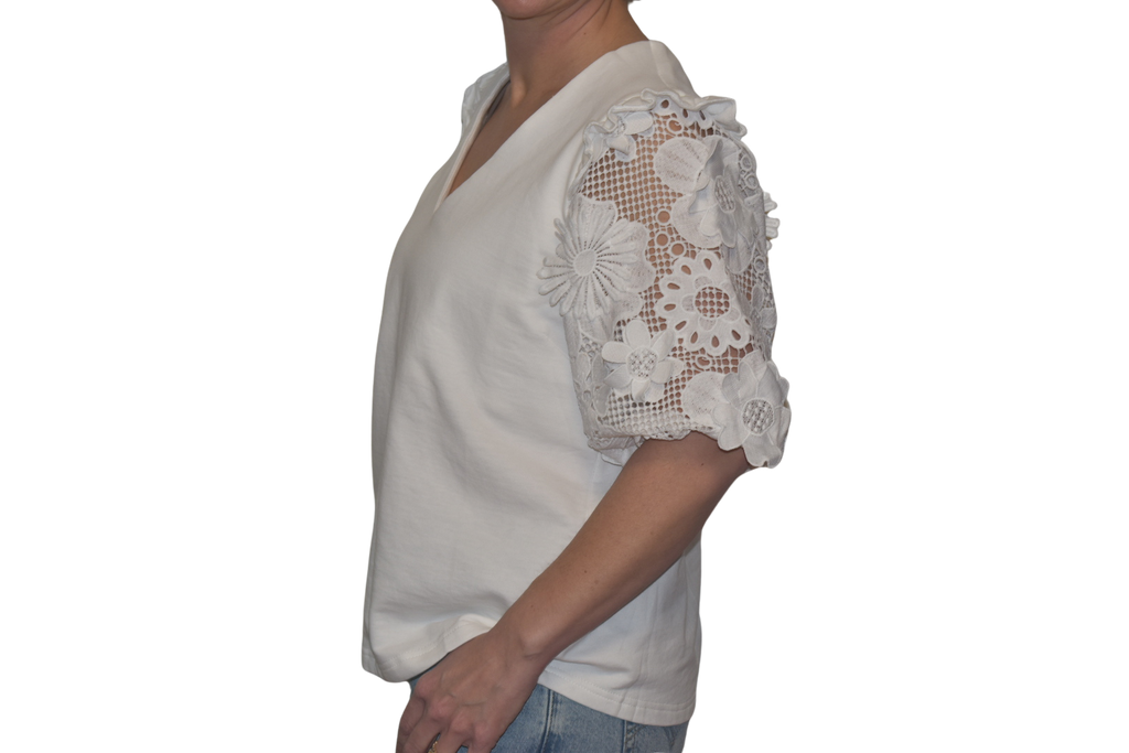 French Terry Boxy Shirt with 3D Floral Lace Short Sleeve