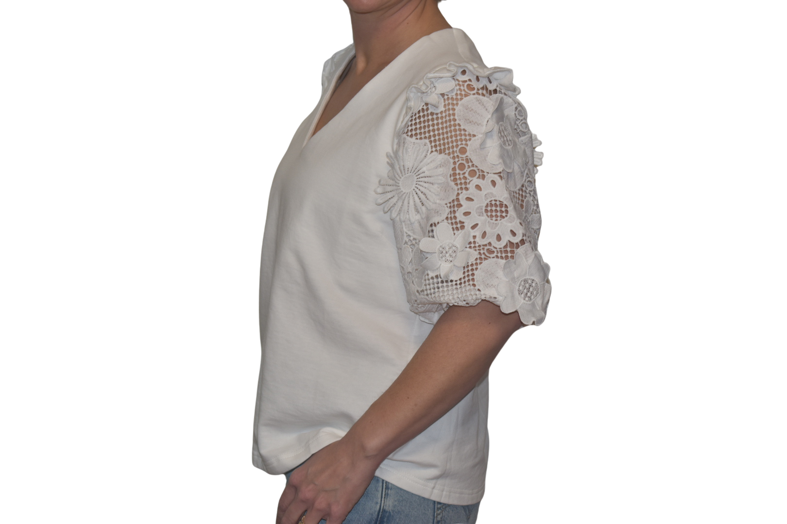 French Terry Boxy Shirt with 3D Floral Lace Short Sleeve