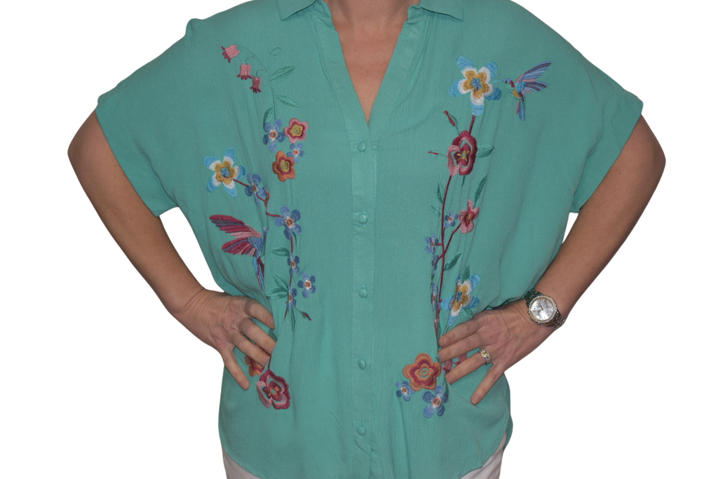Floral Embroidered Button Down Blouse