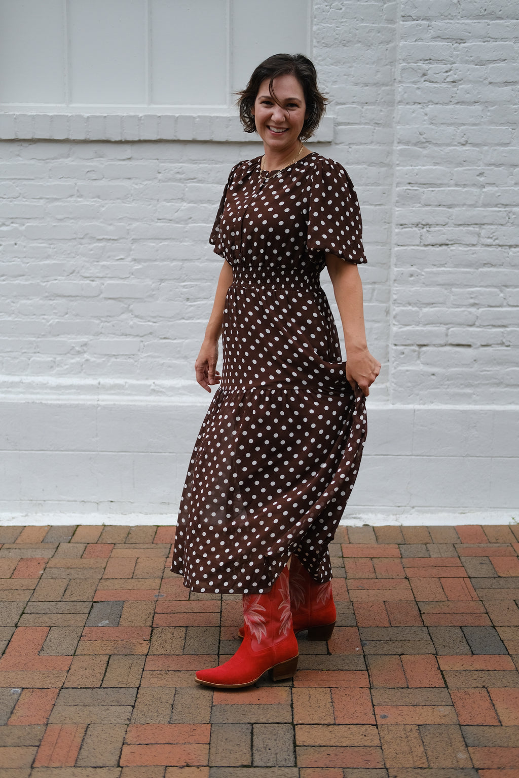 Brown Polka Dot Puff-Sleeve Tiered Maxi Dress
