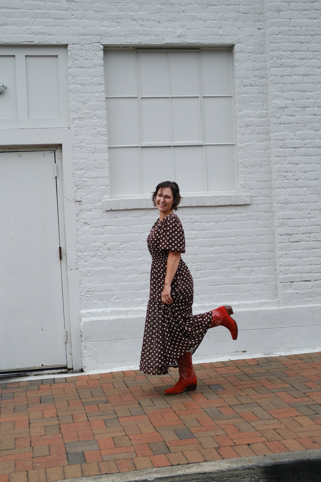 Brown Polka Dot Puff-Sleeve Tiered Maxi Dress