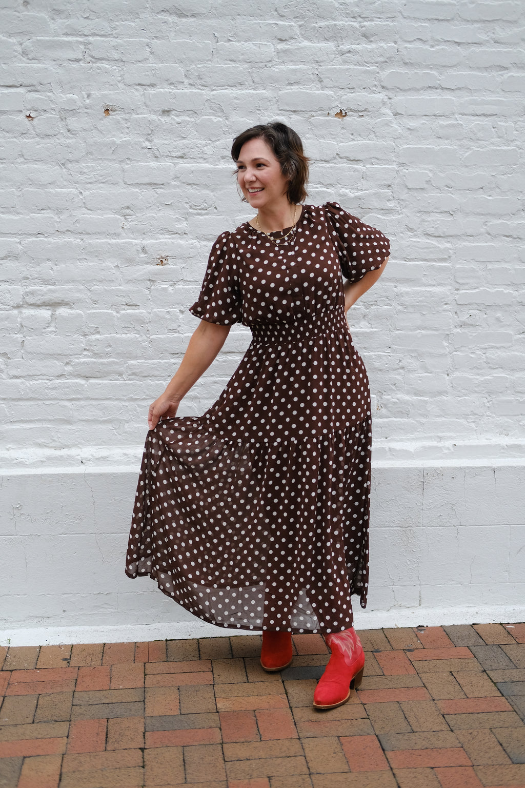 Brown Polka Dot Puff-Sleeve Tiered Maxi Dress