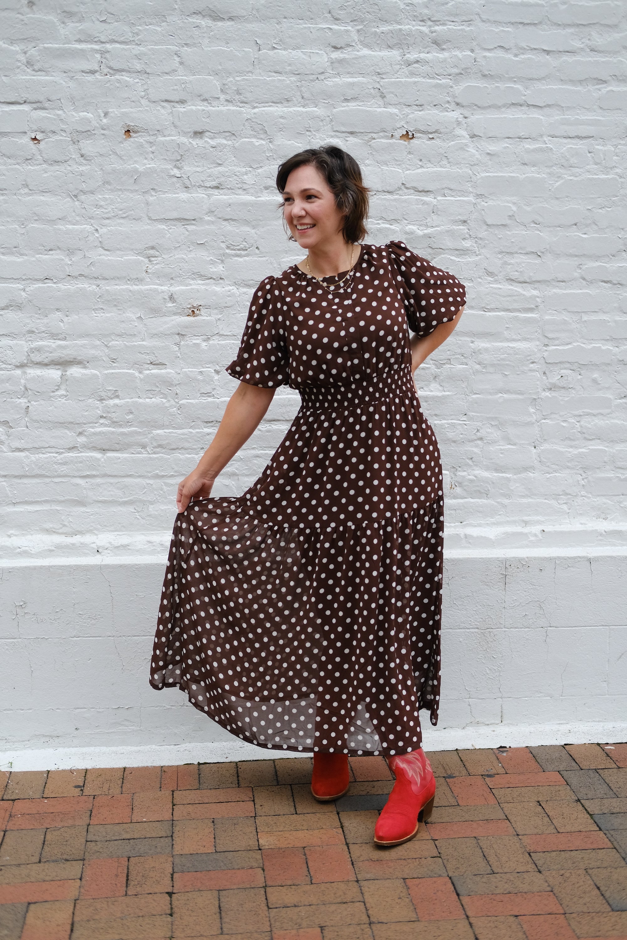 Brown Polka Dot Puff-Sleeve Tiered Maxi Dress