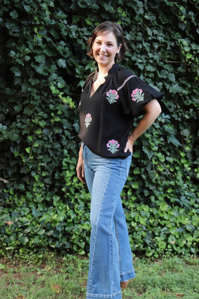 Embroidered Floral Puff Sleeve Blouse