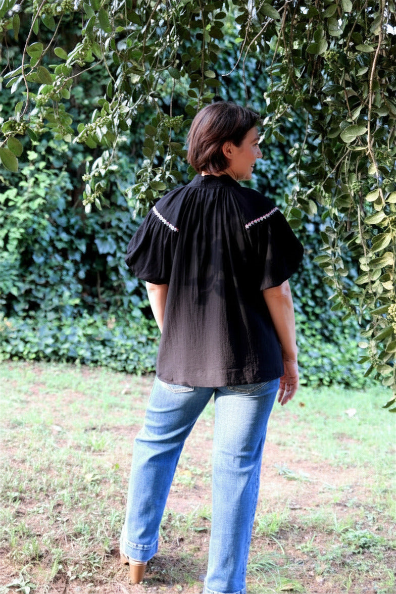Embroidered Floral Puff Sleeve Blouse