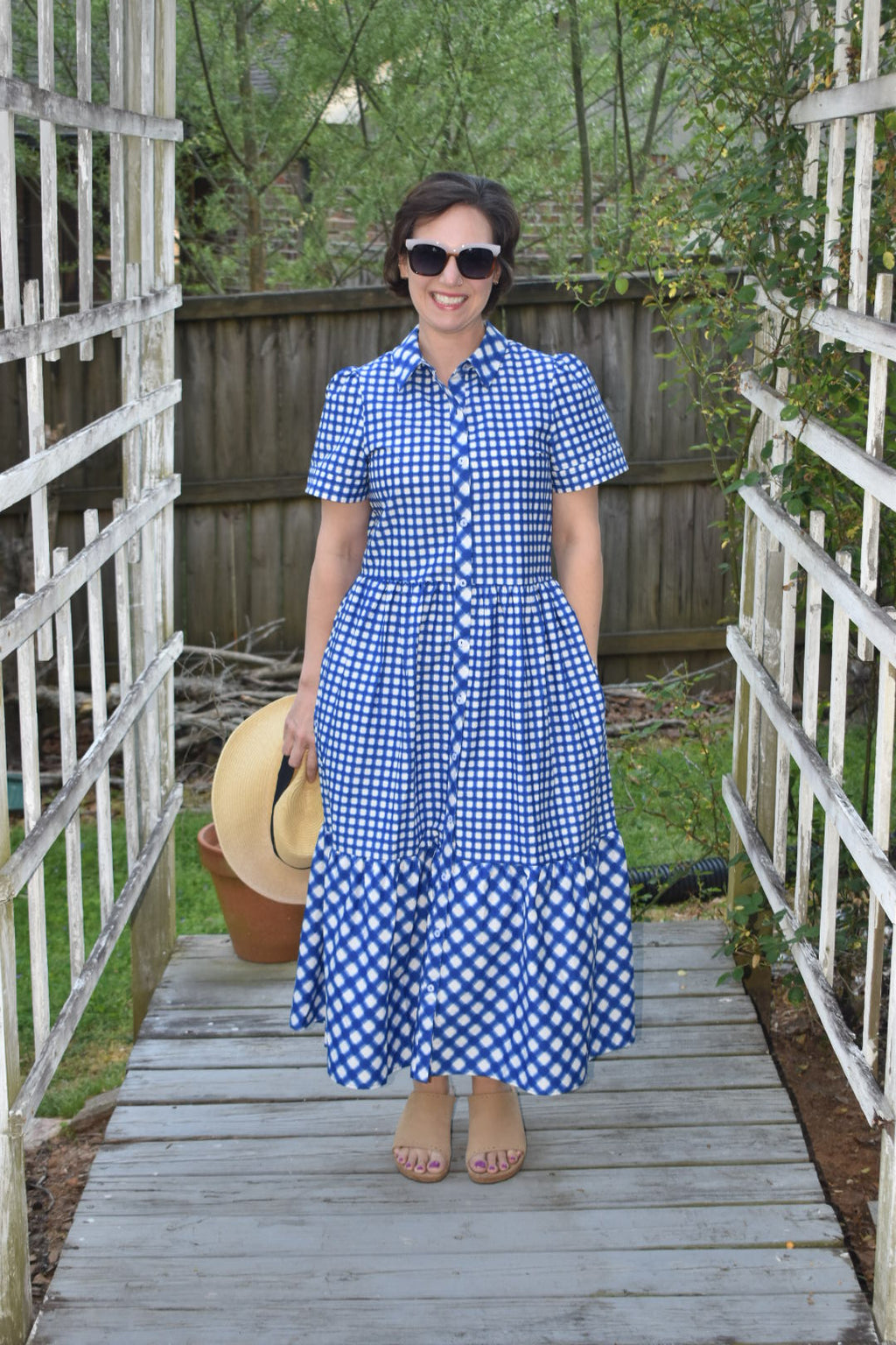Blue and White Gingham Tiered Midi Dress