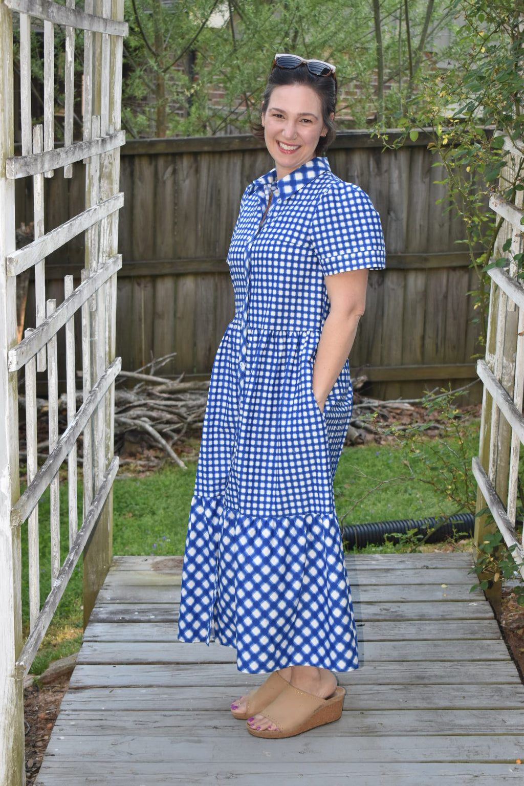 Blue and White Gingham Tiered Midi Dress