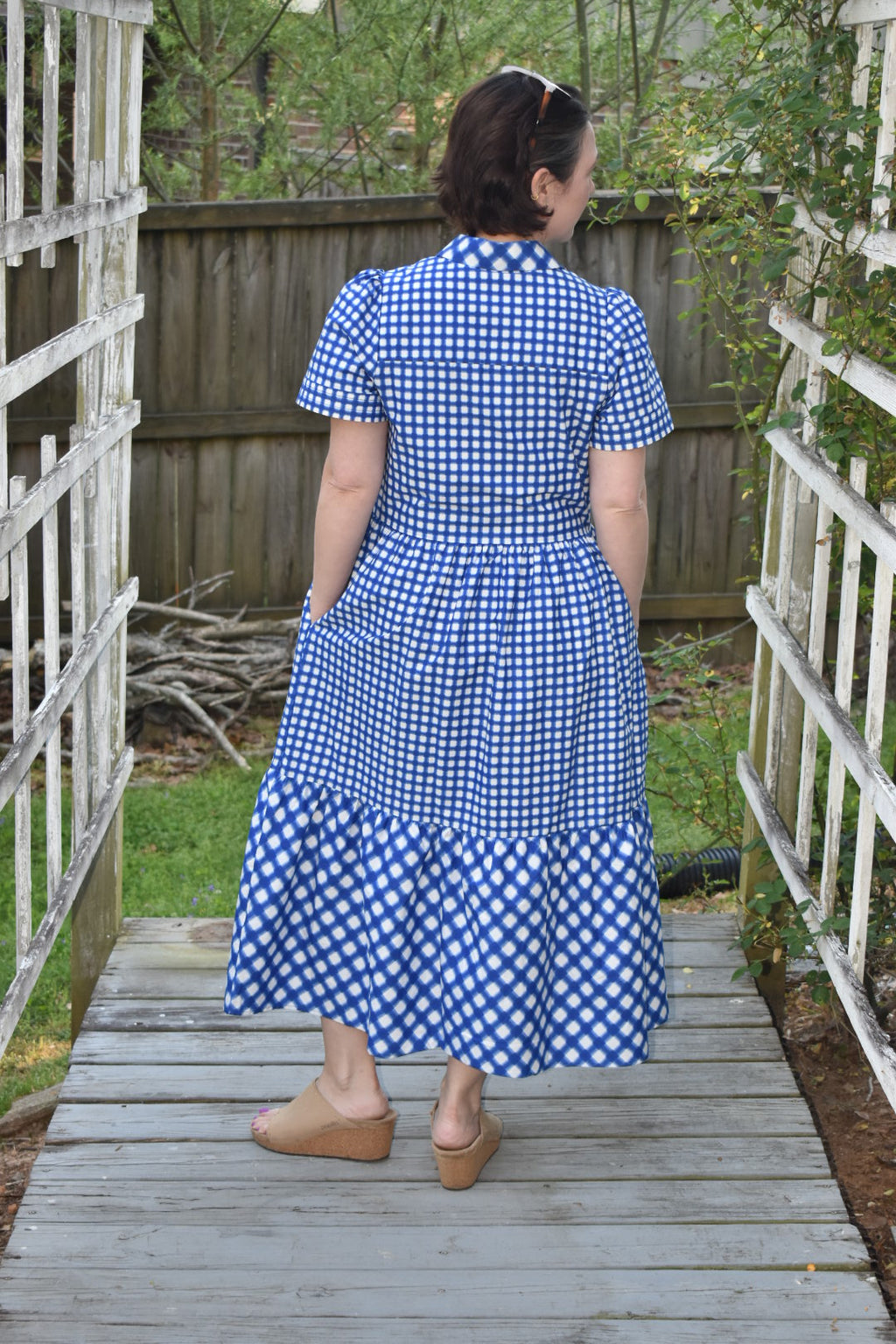 Blue and White Gingham Tiered Midi Dress