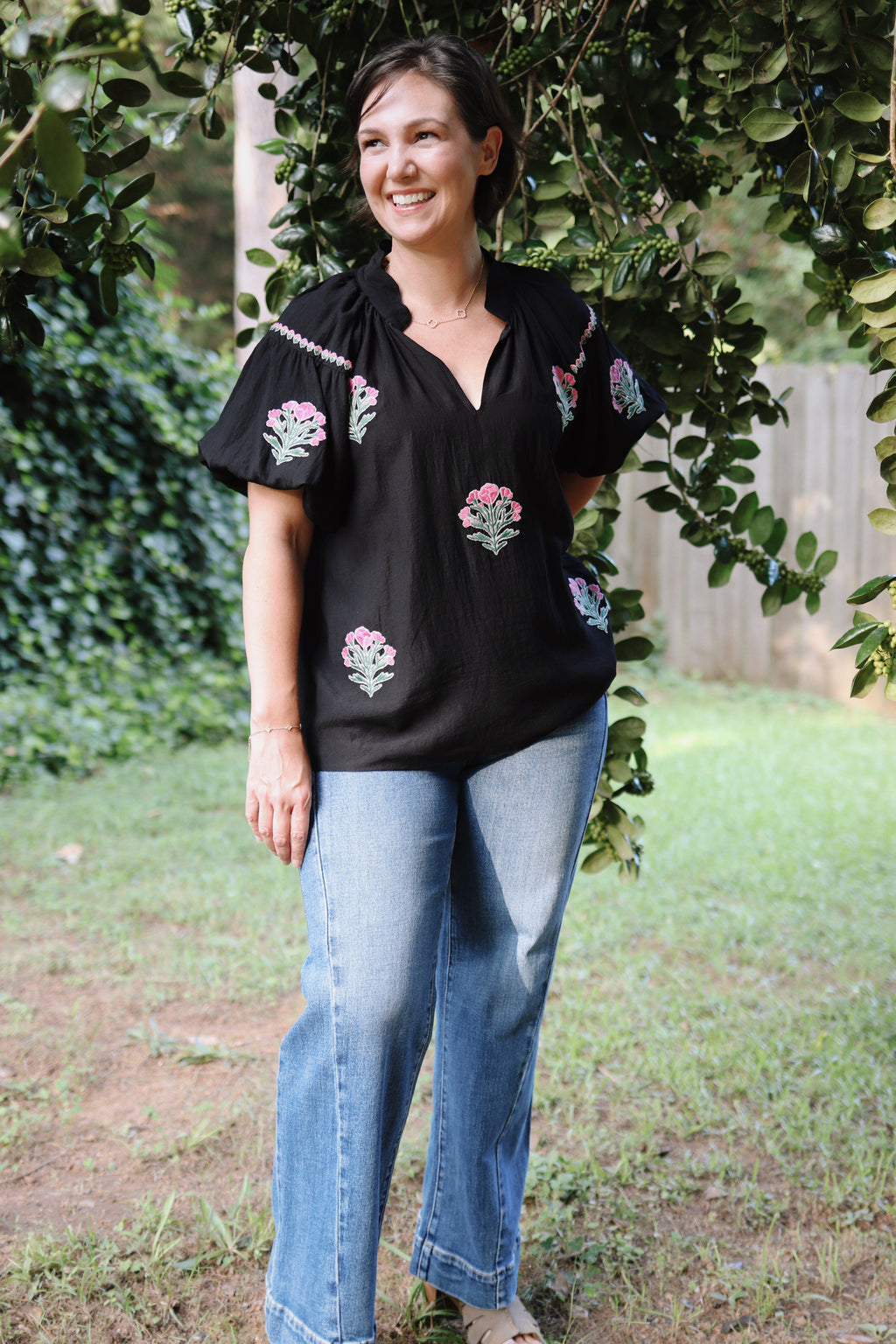 Embroidered Floral Puff Sleeve Blouse