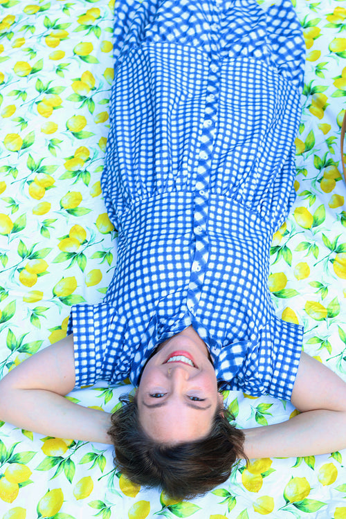 Blue and White Gingham Tiered Midi Dress