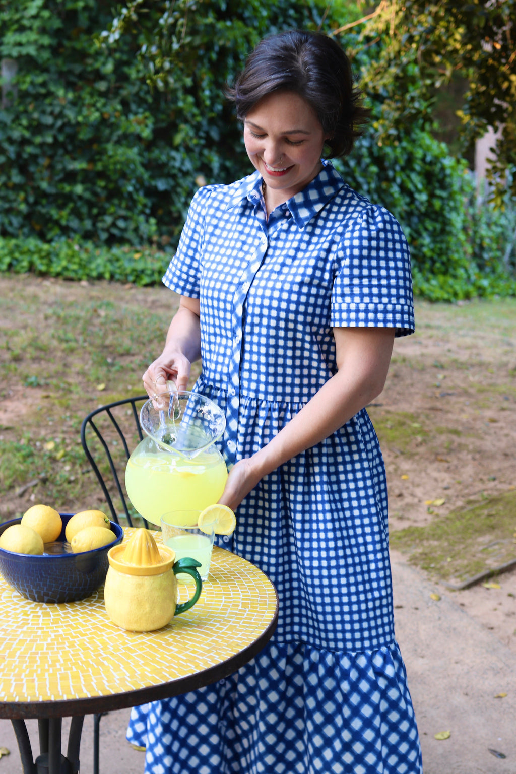 Blue and White Gingham Tiered Midi Dress