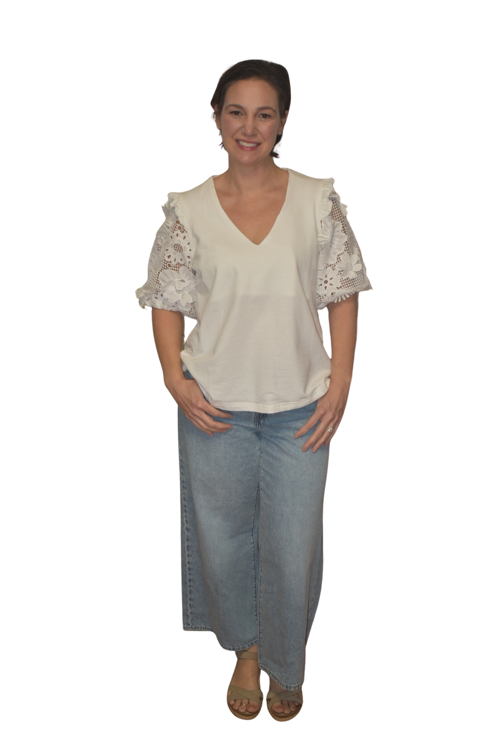 French Terry Boxy Shirt with 3D Floral Lace Short Sleeve