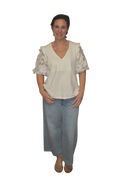 French Terry Boxy Shirt with 3D Floral Lace Short Sleeve