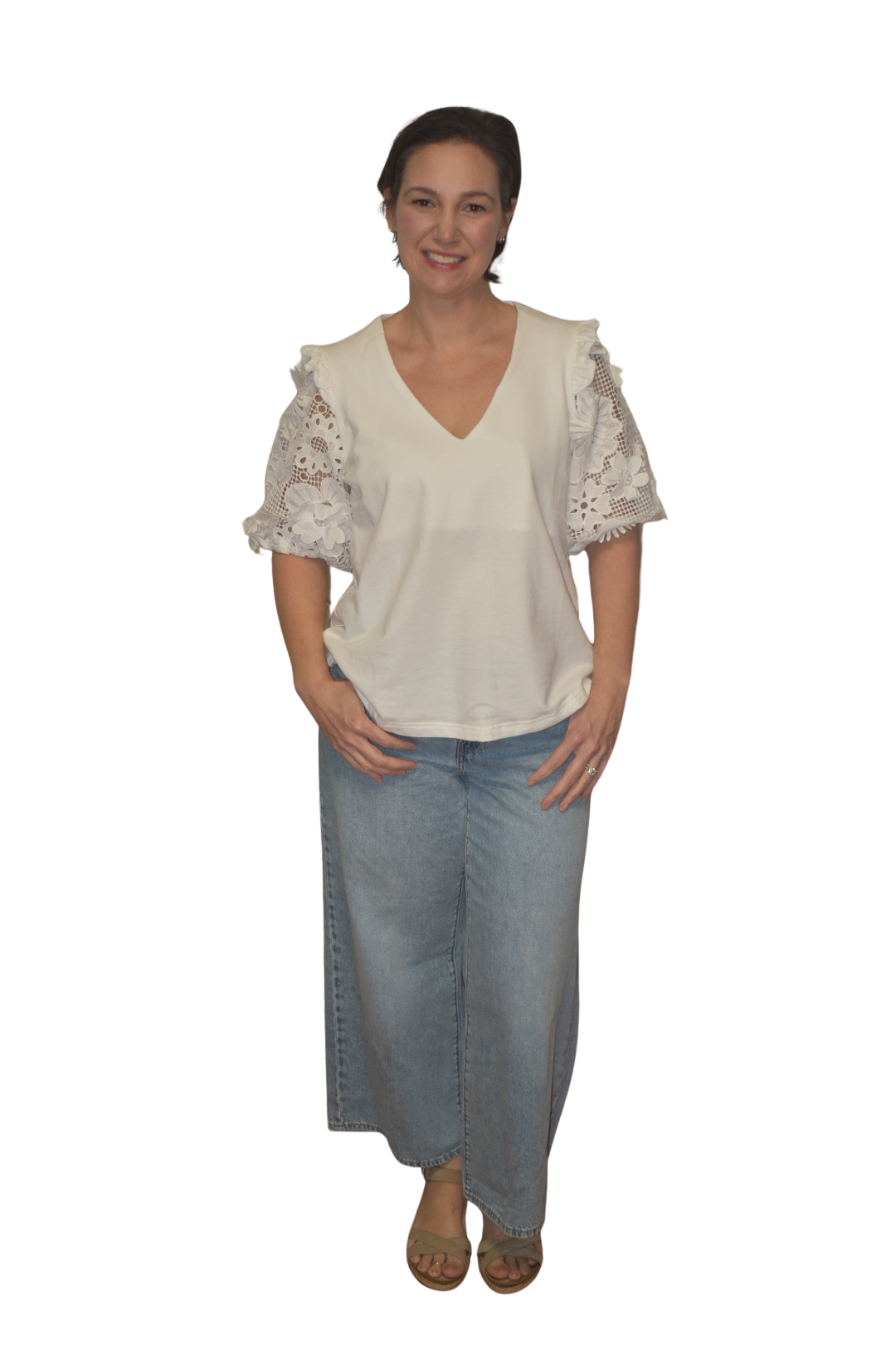 French Terry Boxy Shirt with 3D Floral Lace Short Sleeve