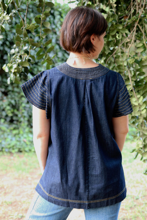 Contrast Stitch Flutter Sleeve Denim Top