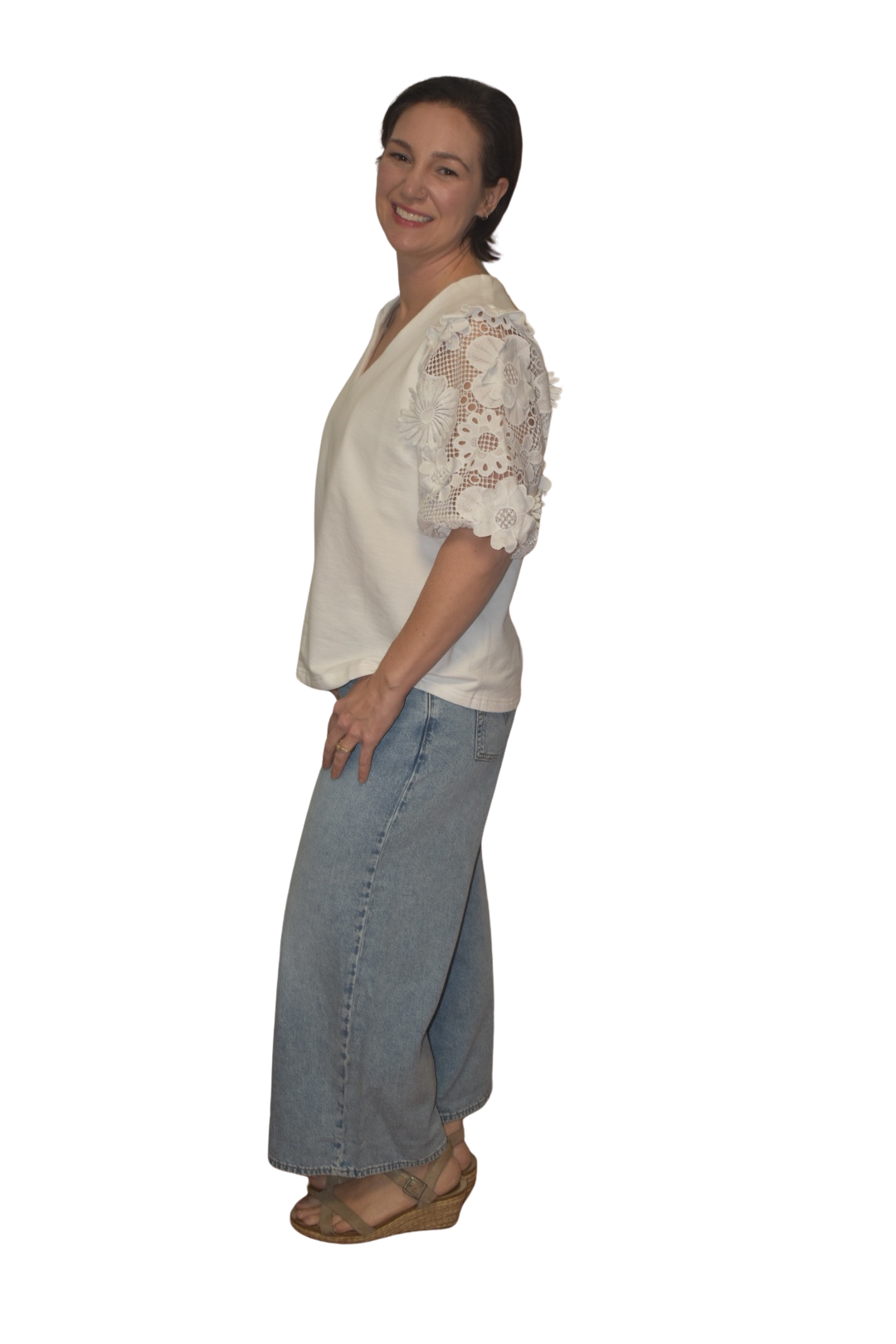 French Terry Boxy Shirt with 3D Floral Lace Short Sleeve